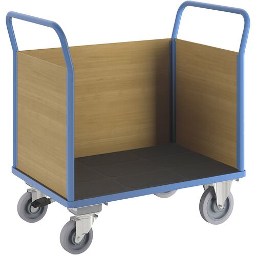 eurokraft pro Plattformwagen mit Holzwänden, mit 3 hohen Wänden, Zentralstopp, LxB 1150 x 700 mm, Vollelastik