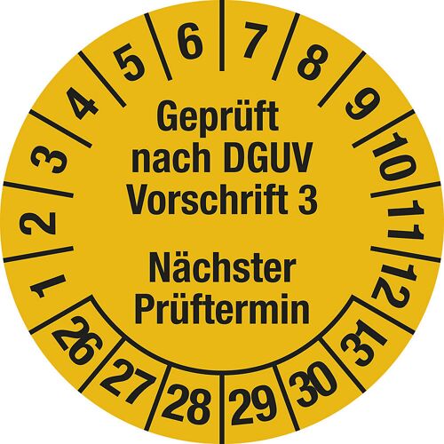 Geprüft nach DGUV Vorschrift 3, Dokumentenfolie, Ø 30 mm, VE 10 Stk, 26 - 31, gelb kaiserkraft