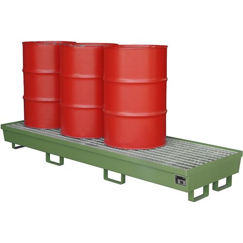 eurokraft pro Stahl-Auffangwanne mit Randprofilierung, für 4 x 200-l-Fässer, LxB 2400 x 800 mm, grün RAL 6011