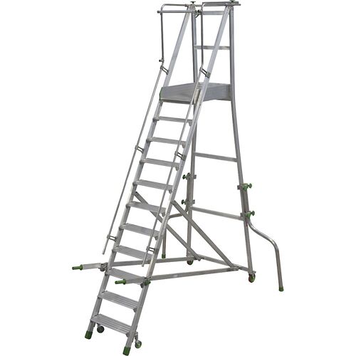 kaiserkraft Mobile Alu-Podesttreppe, klappbar, mit gerieften Aluminiumstufen, 11 Stufen inkl. Plattform