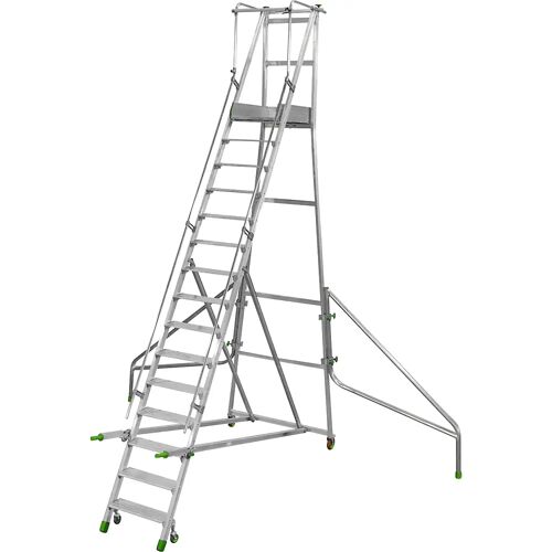 kaiserkraft Mobile Alu-Podesttreppe, klappbar, mit gerieften Aluminiumstufen, 15 Stufen inkl. Plattform