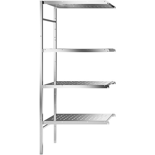 Edelstahl-Steckregal, 4 gelochte Fachböden, Fachbodenbreite x Tiefe 740 x 540 mm, Anbauregal kaiserkraft