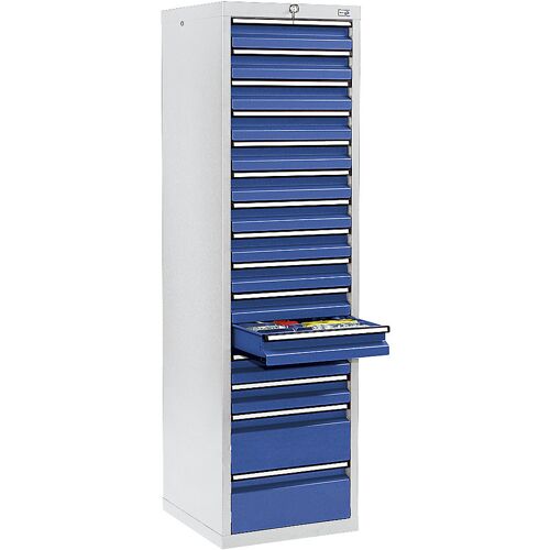Schubladenschrank, HxBxT 1800 x 500 x 500 mm, 13 Schubladen 100 mm, 2 Schubladen 200 mm hoch, Korpus grau, Schubladen enzianblau kaiserkraft