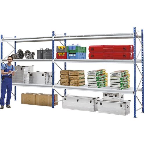 Manorga Schwerlast-Großfachregal mit Drahtgitterauflagen, Rahmenfarbe Blau, HxBxT 2996 x 2410 x 800 mm, Grundregal