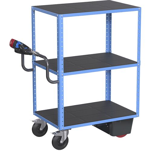 eurokraft pro Etagenwagen CustomLine mit Elektroantrieb, 3 Etagen, lichtblau RAL 5012, Vollgummi