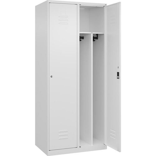 C+P Schwarz-Weiß-Spind Classic PLUS, schmal, 2 Abteile, Trennwand verkürzt, verkehrsweiß, B 800 mm, mit Bodengleitern, Zylinderschloss, Trennwand