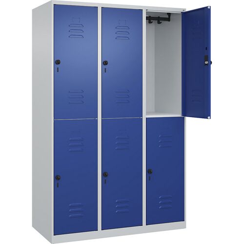 C+P Doppelstock-Spind Classic PLUS, 3 Abteile, lichtgrau / enzianblau, HxB 1850 x 1200 mm, mit Bodengleitern, Drehriegel