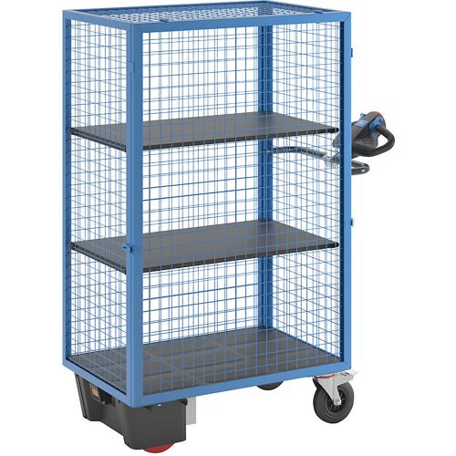 eurokraft pro Etagenwagen mit Elektroantrieb, Gitterwand einhängbar, 2 Etagenböden, lichtblau