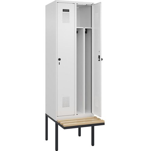 kaiserkraft Schwarz-Weiß-Spind Evolo PLUS Sitzbank, schmal, 2 Abteile, Trennwand verkürzt, weiß, B 600 mm, Sicherheits-Drehriegel, mit auskragender Sitzbank,