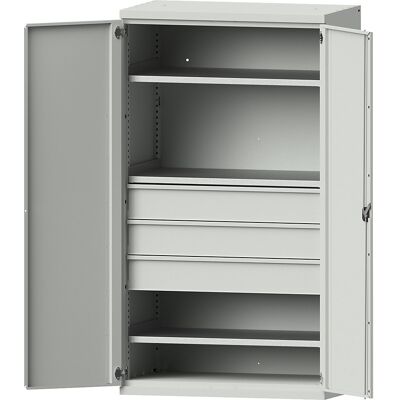eurokraft pro Schwerlastschrank aus Stahl, 3 Fachböden, 3 Schubladen 180 mm hoch, lichtgrau/lichtgrau eurokraft pro Schwerlastschrank aus Stahl, 3 Fachböden, 3 Schubladen 180 mm hoch, lichtgrau/lichtgrau