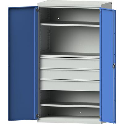 eurokraft pro Schwerlastschrank aus Stahl, 3 Fachböden, 3 Schubladen 180 mm hoch, lichtgrau/lichtblau eurokraft pro Schwerlastschrank aus Stahl, 3 Fachböden, 3 Schubladen 180 mm hoch, lichtgrau/lichtblau