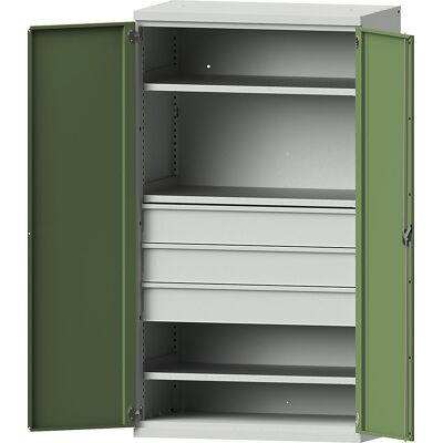 eurokraft pro Schwerlastschrank aus Stahl, 3 Fachböden, 3 Schubladen 180 mm hoch, lichtgrau/resedagrün eurokraft pro Schwerlastschrank aus Stahl, 3 Fachböden, 3 Schubladen 180 mm hoch, lichtgrau/resedagrün