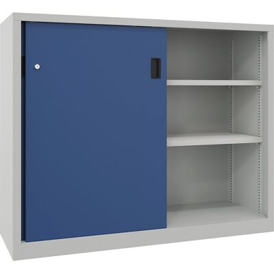 Pavoy Schwerlast-Schiebetürenschrank, Höhe 1200 mm, Vollblechtüren, BxT 1500 x 500 mm, mit Trennwand und 2 x 2 Fachböden, Tür enzianblau Pavoy Schwerlast-Schiebetürenschrank, Höhe 1200 mm, Vollblechtüren, BxT 1500 x 500 mm, mit Trennwand und 2 x 2 Fachböden, Tür enzianblau