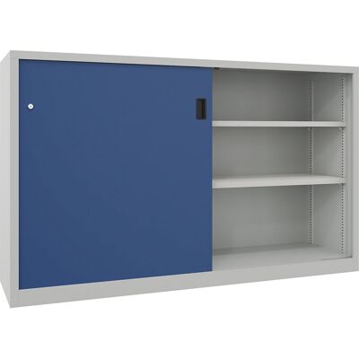 Pavoy Schwerlast-Schiebetürenschrank, Höhe 1200 mm, Vollblechtüren, BxT 2000 x 500 mm, mit Trennwand und 2 x 2 Fachböden, Tür enzianblau Pavoy Schwerlast-Schiebetürenschrank, Höhe 1200 mm, Vollblechtüren, BxT 2000 x 500 mm, mit Trennwand und 2 x 2 Fachböden, Tür enzianblau