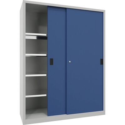 Pavoy Schwerlast-Schiebetürenschrank, Höhe 1950 mm, Vollblechtüren, BxT 1500 x 600 mm, mit Trennwand und 2 x 4 Fachböden, Tür enzianblau Pavoy Schwerlast-Schiebetürenschrank, Höhe 1950 mm, Vollblechtüren, BxT 1500 x 600 mm, mit Trennwand und 2 x 4 Fachböden, Tür enzianblau