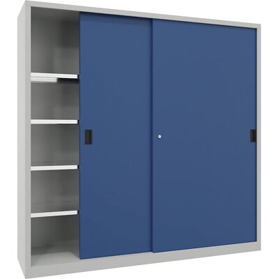 Pavoy Schwerlast-Schiebetürenschrank, Höhe 1950 mm, Vollblechtüren, BxT 2000 x 500 mm, mit Trennwand und 2 x 4 Fachböden, Tür enzianblau Pavoy Schwerlast-Schiebetürenschrank, Höhe 1950 mm, Vollblechtüren, BxT 2000 x 500 mm, mit Trennwand und 2 x 4 Fachböden, Tür enzianblau
