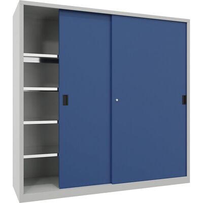Pavoy Schwerlast-Schiebetürenschrank, Höhe 1950 mm, Vollblechtüren, BxT 2000 x 600 mm, mit Trennwand und 2 x 4 Fachböden, Tür enzianblau Pavoy Schwerlast-Schiebetürenschrank, Höhe 1950 mm, Vollblechtüren, BxT 2000 x 600 mm, mit Trennwand und 2 x 4 Fachböden, Tür enzianblau