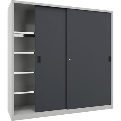 Pavoy Schwerlast-Schiebetürenschrank, Höhe 1950 mm, Vollblechtüren, BxT 2000 x 600 mm, mit Trennwand und 2 x 4 Fachböden, Tür anthrazit Pavoy Schwerlast-Schiebetürenschrank, Höhe 1950 mm, Vollblechtüren, BxT 2000 x 600 mm, mit Trennwand und 2 x 4 Fachböden, Tür anthrazit