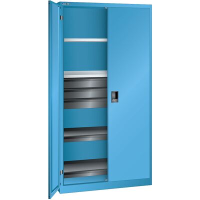LISTA Flügeltürenschrank, HxBxT 1950 x 1000 x 580 mm, Leergehäuse mit 2 Fachböden, 2 Ausziehböden und 3 Schubladen, lichtblau LISTA Flügeltürenschrank, HxBxT 1950 x 1000 x 580 mm, Leergehäuse mit 2 Fachböden, 2 Ausziehböden und 3 Schubladen, lichtblau