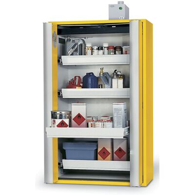 asecos Feuerbeständiger Gefahrstoff-Falttürschrank Typ 90, halbautomatisch, mit 4 Schubladen, goldgelb asecos Feuerbeständiger Gefahrstoff-Falttürschrank Typ 90, halbautomatisch, mit 4 Schubladen, goldgelb