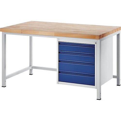 RAU Werkbank, Gestellbauweise, 4 Schubladen Größe L, Tiefe 900 mm, Breite 1500 mm