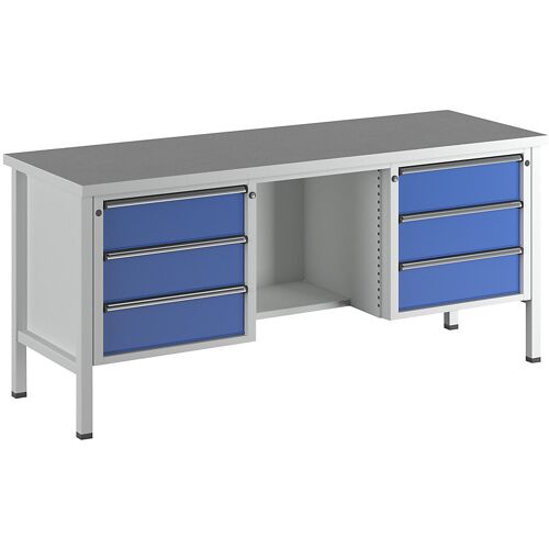 ANKE Werkbank, Gestellbauweise Serie V, 6 Schubladen, ½ Ablageboden, Höhe 890 mm, Universalplatte