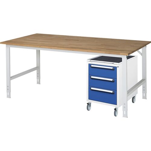 Arbeitstisch mit Schubladenschrank, Roll-Container mit 3 Schubladen 2 x 150, 1 x 180 mm, BxT 2000 x 1000 mm, B-Platte, Stärke 25 mm kaiserkraft