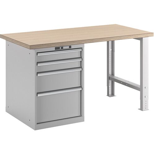 LISTA Werkbank im Baukastensystem, Höhe 840 mm, Unterstellschrank, 4 Schubladen, lichtgrau, Tischbreite 1500 mm