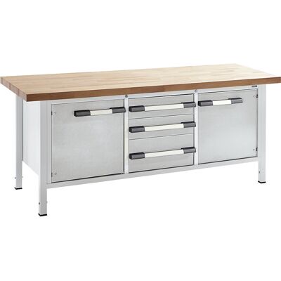 eurokraft pro Höhenverstellbare Werkbank, Gestellbauweise, Breite 2000 mm, 3 Schubladen, 2 Türen, grau eurokraft pro Höhenverstellbare Werkbank, Gestellbauweise, Breite 2000 mm, 3 Schubladen, 2 Türen, grau