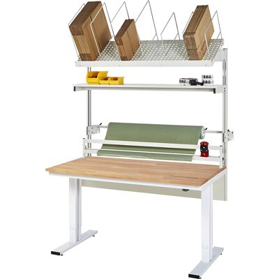 RAU Packtisch komplett 300, elektrisch höhenverstellbar, Set 2 mit Etagenbord, Schneidgerät, Abrolleinheit, BxT 1500 x 1000 mm, Buchenplatte RAU Packtisch komplett 300, elektrisch höhenverstellbar, Set 2 mit Etagenbord, Schneidgerät, Abrolleinheit, BxT 1500 x 1000 mm, Buchenplatte