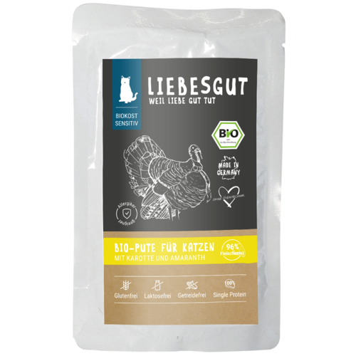 Liebesgut Katzennassfutter Sensitiv Bio Pute mit Karotte und Amaranth 200g