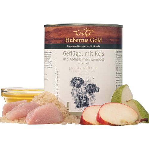 Hubertus Gold Premium-Nassfutter Geflügel mit Reis und Apfel-Birnen Kompott + Leinöl 800g