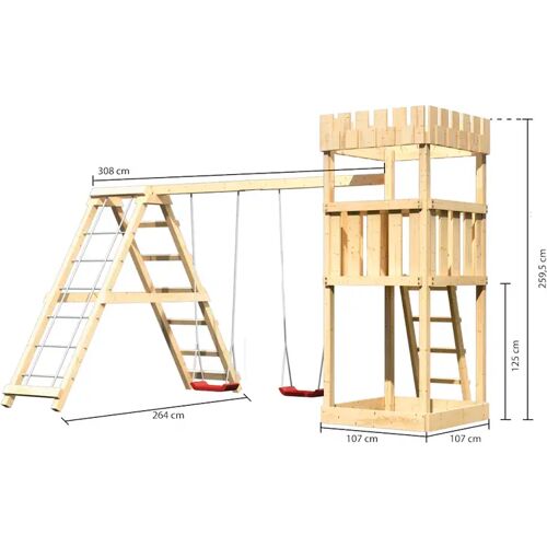 Karibu Akubi Kinderspielturm Ritterburg Löwenherz mit Doppelschaukelanbau und Klettergerüst naturbelassen