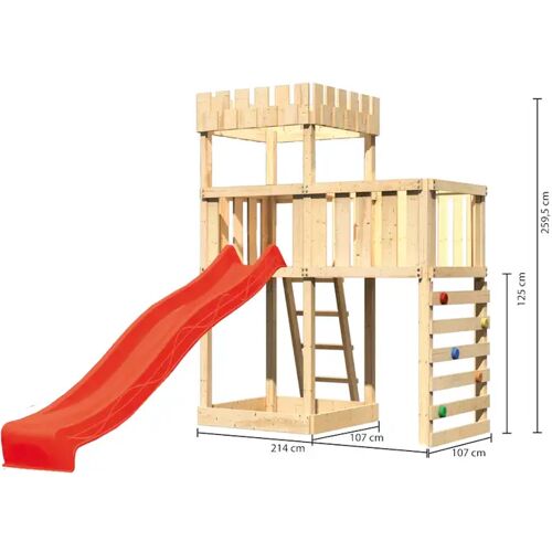 Karibu Akubi Kinderspielturm Ritterburg Löwenherz inkl. Wellenrutsche, Anbauplattform und Kletterwand rot