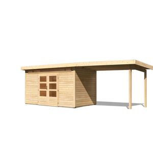 Karibu Gartenhaus Kandern 9 mit 300 cm Schleppdach – 28 mm-364 x 304 cm-naturbelassen 50% Aktions-Rabatt auf Dacheindeckung & gratis Gartenhaus-Pflegebox