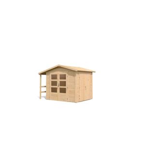 Karibu Multifunktionshaus Satteldach-Gartenhaus inkl. Schleppdach und Anbauschrank - 28 mm naturbelassen 297 x 203 cm & gratis Gartenhaus-Pflegebox