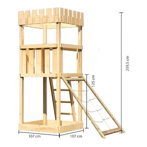 Akubi Kinderspielturm Ritterburg Löwenherz mit Netzrampe naturbelassen inkl. gratis Akubi Farbsystem & Kuscheltier