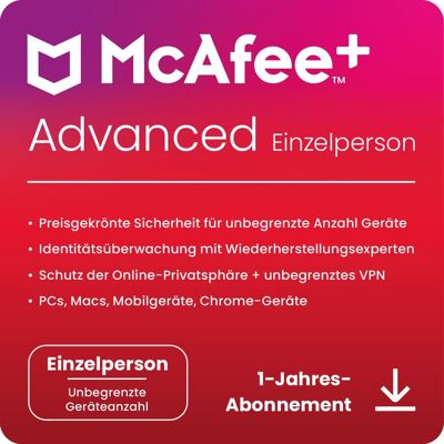 McAfee+ Advanced Individual Sicherheit - 1 Nutzer - Unbegrenzte Geräte McAfee+ Advanced Individual Sicherheit - 1 Nutzer - Unbegrenzte Geräte