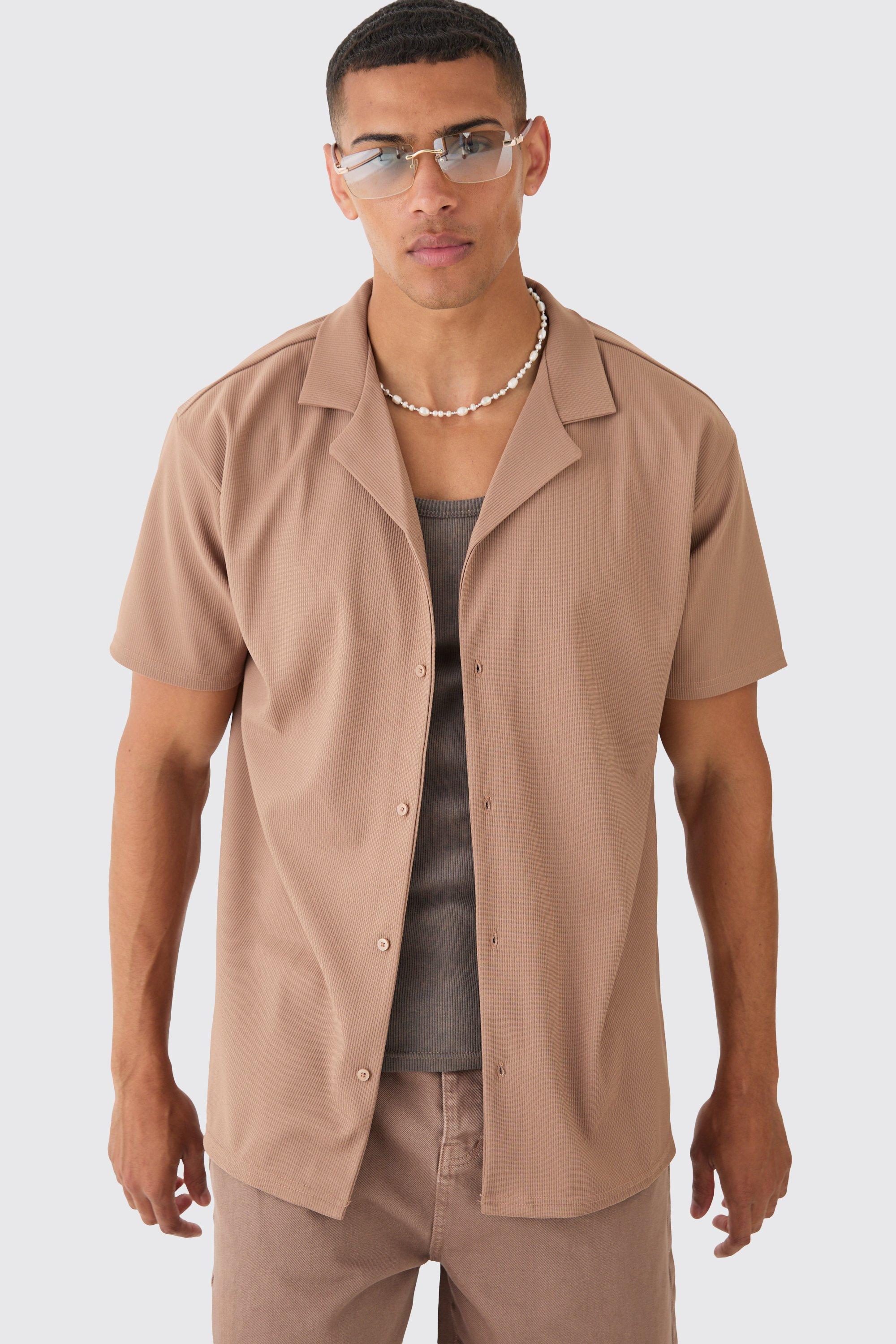 boohooman Mens Short Sleeve Ribbed Oversized Shirt - Taupe - M, Taupe
