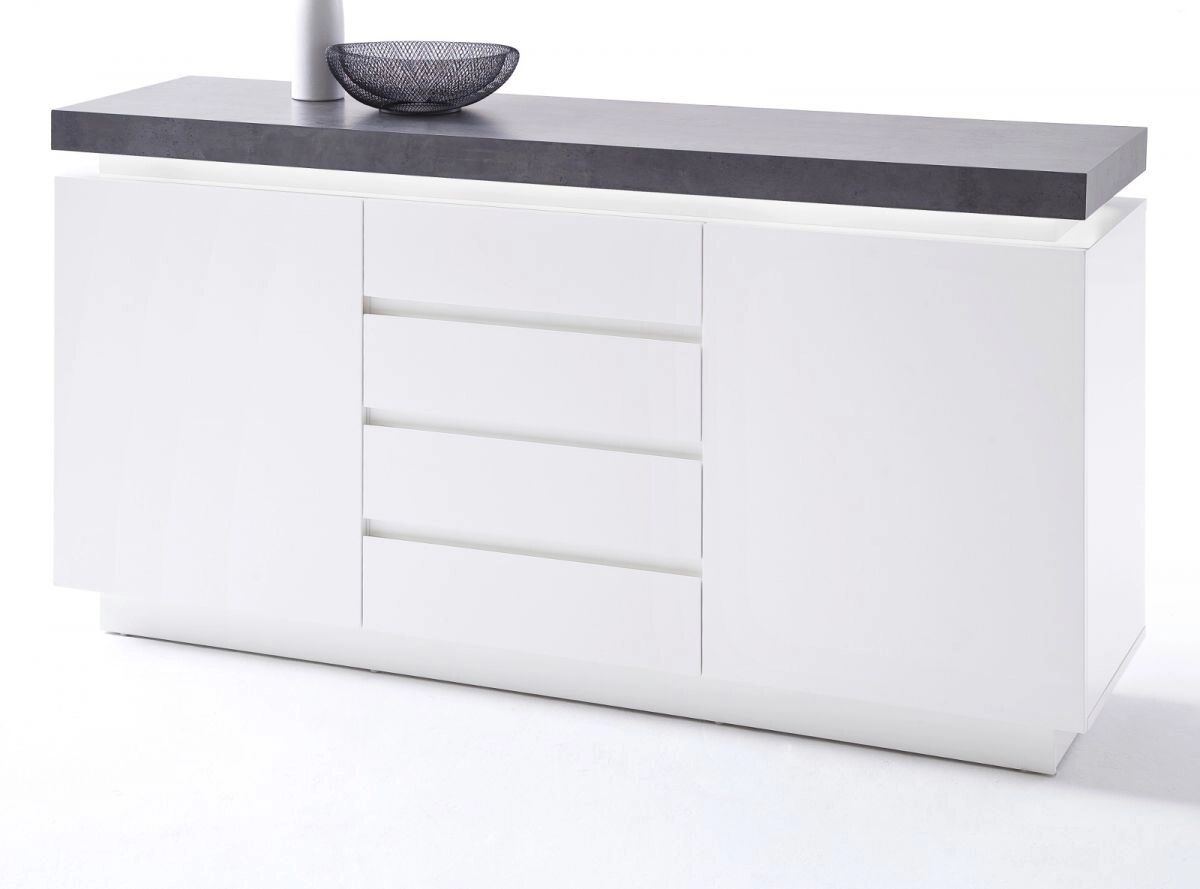 MCA Furniture Sideboard Atlanta in matt weiß echt Lack mit Stone Design Kommode inkl. dimmbarer LED Beleuchtung 150 x 80 cm