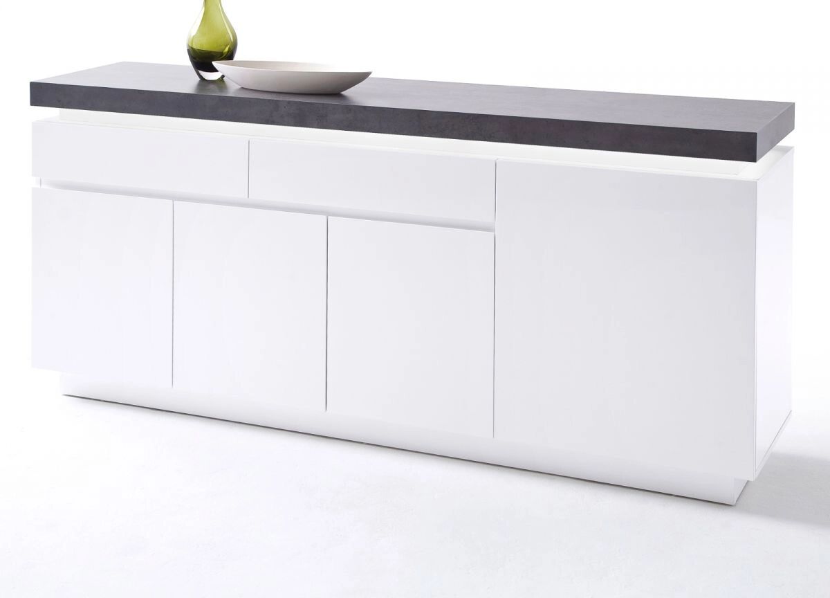 MCA Furniture Sideboard Atlanta in matt weiß echt Lack mit Stone Design Kommode inkl. dimmbarer LED Beleuchtung 175 x 80 cm