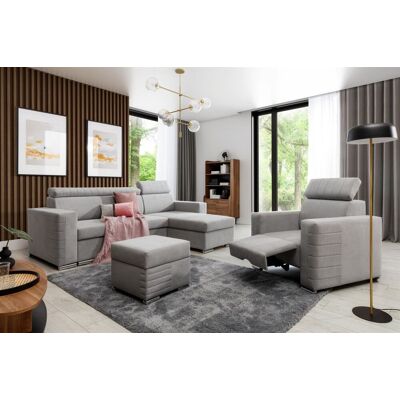 Fun Möbel Ecksofa inkl. Hocker und Sessel CANTON Stoff Camelia Hellgrau Ottomane Rechts Fun Möbel Ecksofa inkl. Hocker und Sessel CANTON Stoff Camelia Hellgrau Ottomane Rechts