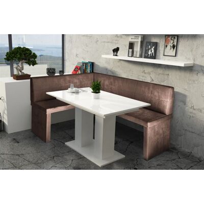 Fun Moebel Eckbankgruppe 196x142 cm ROBIN XL R Vin..Braun / Esstisch DANTE Weiss Fun Moebel Eckbankgruppe 196x142 cm ROBIN XL R Vin..Braun / Esstisch DANTE Weiss