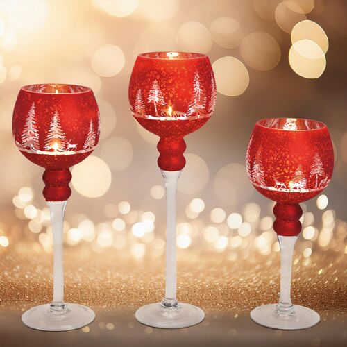 Wurm Teelichthalter Glas-Kelch Winterwald rot 3er-Set
