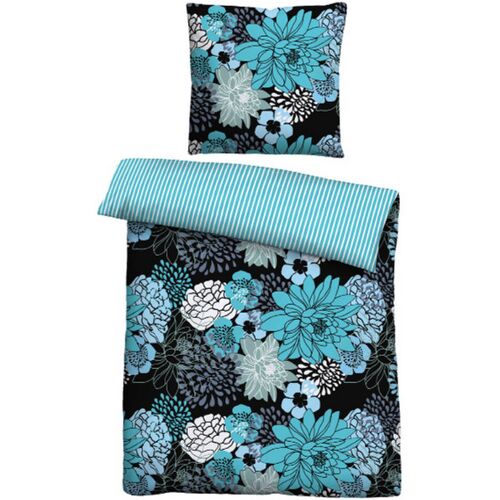 Castell Baumwoll Renforce Bettwäsche Blumen türkis, 1x 155x220 cm + 1x 80x80 cm