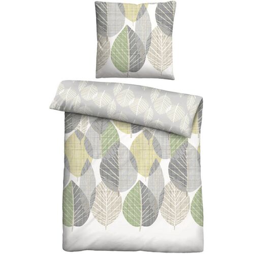 biberna Feinbiber Bettwäsche Blätter groß pistaziengrün, 135x200 cm + 80x80 cm
