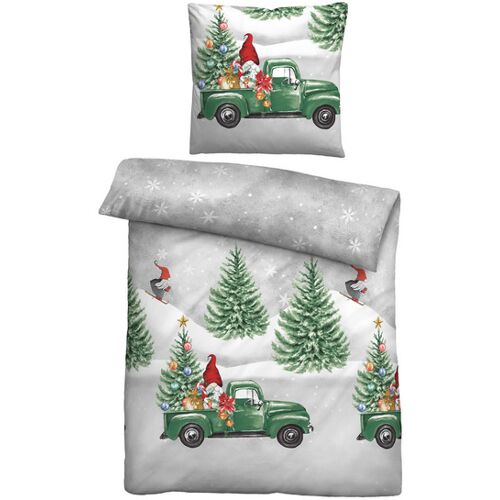 biberna Feinbiber Bettwäsche Wichtel & Weihnachtsbaum sturmgrau, 155x220 cm + 80x80 cm