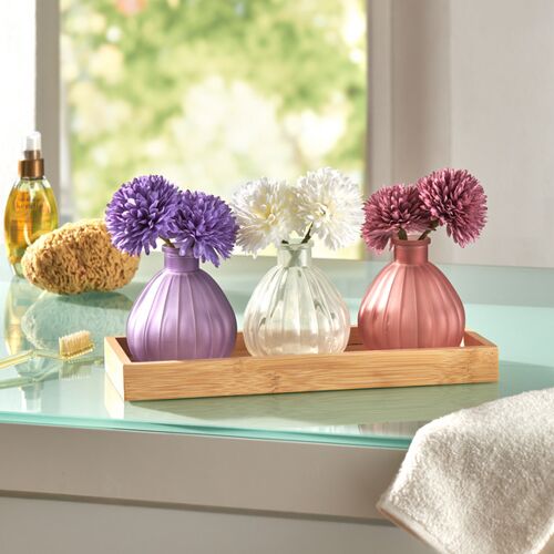 3 Glasvasen mit Duft-Blüten + Bambustablett Eldo