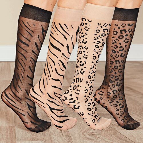 3Pagen Nylon-Kniestrümpfe Leo/Zebra-Design 4er-Set