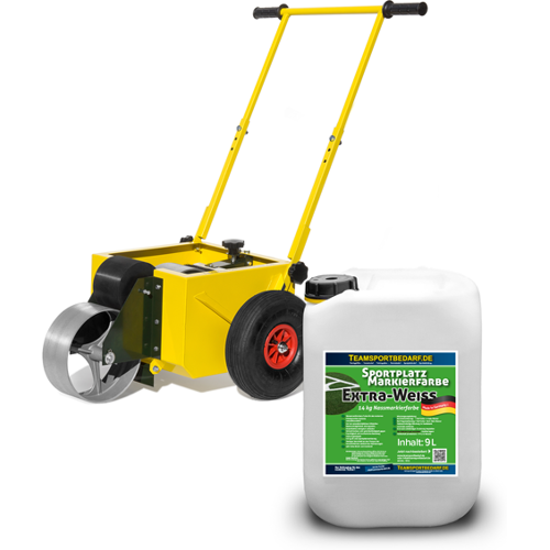 Hergestellt für: Trainingsunterlagen24 GmbH Sportplatz - Nassmarkierwagen (Roll-Liner) + 1 Kanister Extra-Weiß 14 kg (9 Liter)